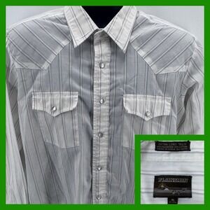 Vintage Plainsman Mens XL Extra Long Tails Western Snap Button Shirt Gray Stripe